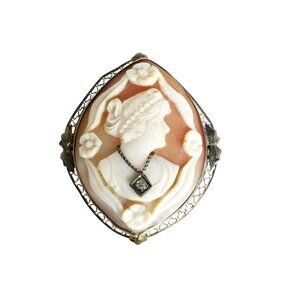 14k Gold Art Deco Detailed Carved Genuine Carved Cameo Brooch Filigree Frame